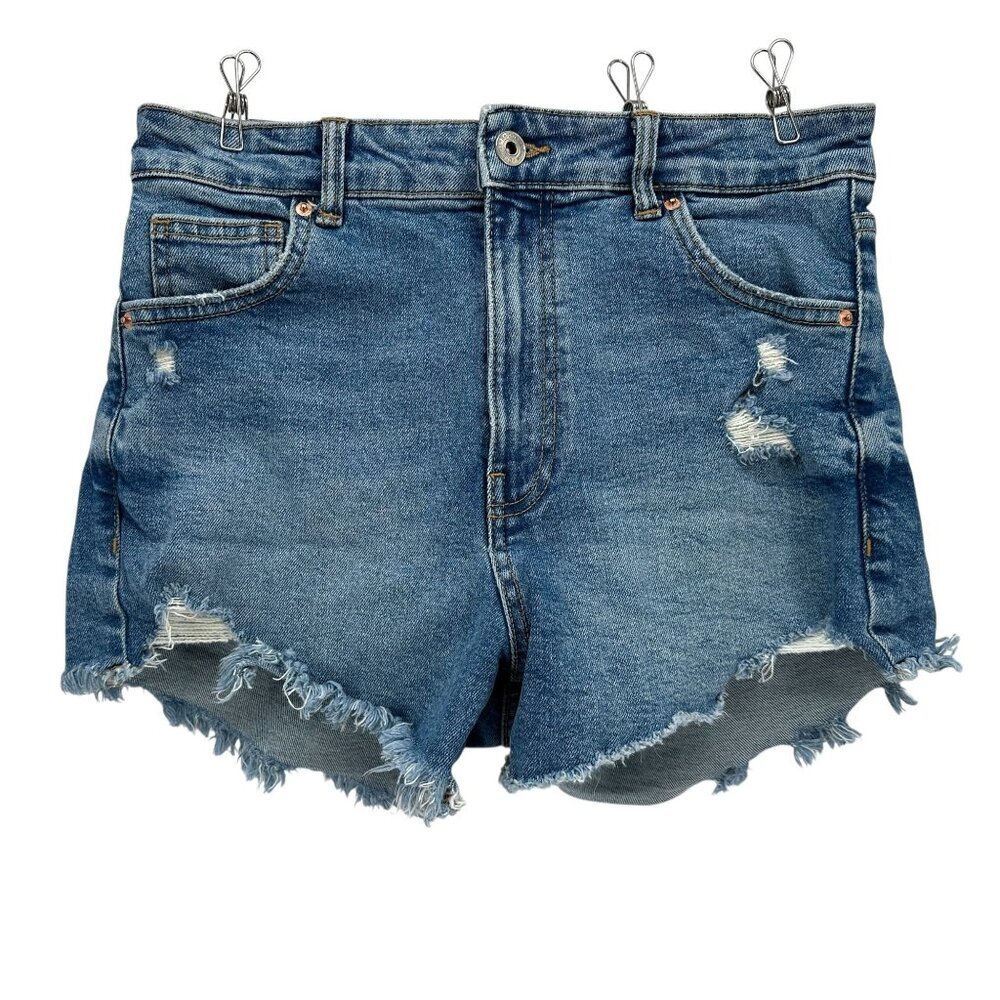 Bershka Womens 6 Shorts Jean High Rise Distressed Denim Cut-Off Ripped Raw Hem
